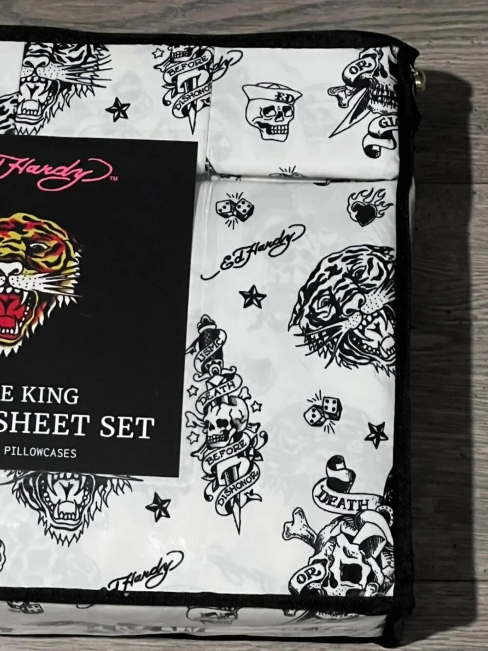 ED HARDY KING White Black Sheet Set 6pc New Tattoo Skull Dagger Tiger Y2K Grunge